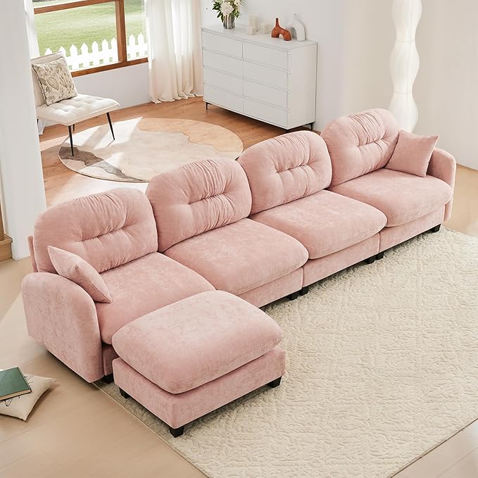 KEIKI 140" L-Shaped Oversized Chenille Modular Sectional Sofa with 1 Ottoman, High-Density Foam Cushions, Tufted Pleated Cushion Backrest, Modern 4-Seater Couch with 2 Pillow, for Living Room, Pink