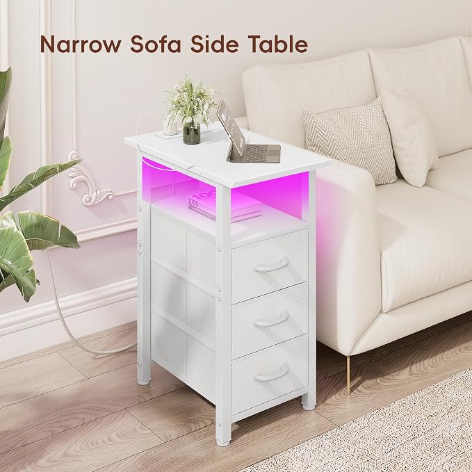 Vagusicc White Nightstand with Charging Station and LED Lights, Narrow End Table, LED Nightstand with 3 Fabric Drawers for Bedroom, Small Bedside Table, Narrow Side Table for Small Spaces, White - Image 6