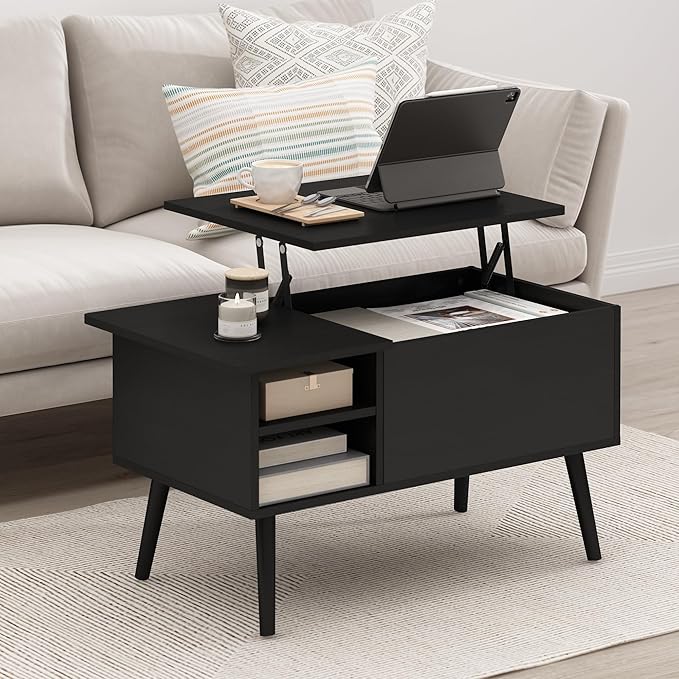 Furinno Jensen Wooden Leg Lift Top Coffee Table with Hidden Compartment and Side Open Storage Shelf for Living Room, Americano