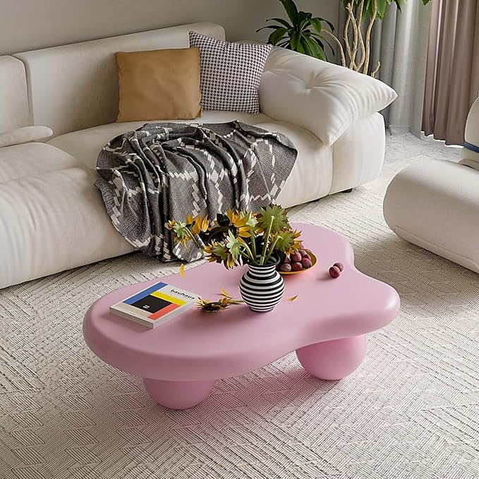 40" Modern Small Coffee Table Cloud Shape Low Center Table Cute Irregular Indoor Tea Table with 3 Ball Legs for Living Room Small Space