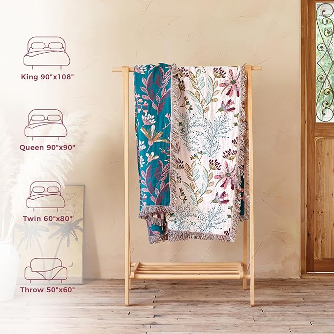 LUTBM Boho Throw Blanket for Couch Sofa Chair Cotton Spring Blankets for Bedroom Living Room All Season Lightweight Reversible Floral Embroidery Throws 50"x60"