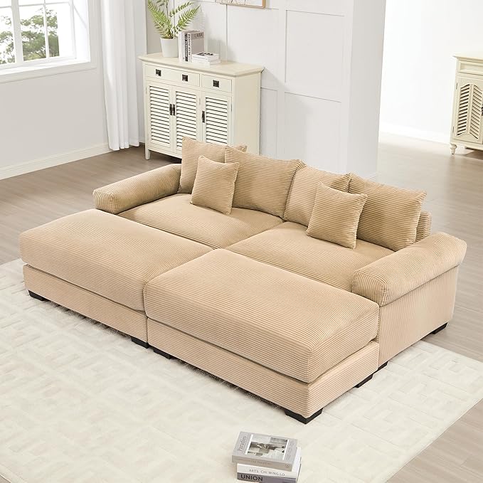 KEIKI 83" Oversized Corduroy Modular Sectional Loveseat Sofa with 2 Ottoman, High-Density Foam Cushion, Extra-Thick Armrest, Modern 2-Seater Fluffy Corner Couch with 6 Pillow, for Living Room, Camel