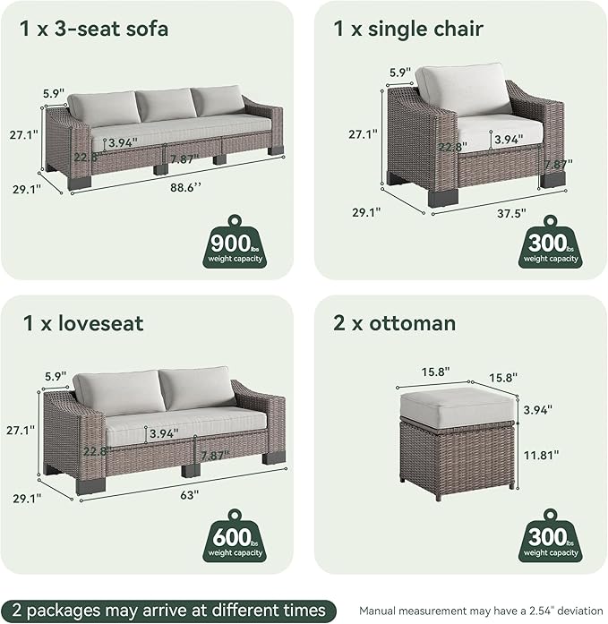 8 Piece Patio Furniture Set, Wicker Patio Conversation Set with 5.9" Wide Armrest, Waterproof Cushions & Ottomans with Modular Outdoor Couch for Backyard, Deck, Garden