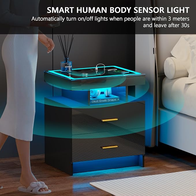 LED Nightstand with Wireless Charging Station, Smart Night Stand with 2 Drawers, Glass Top, 3 Color Dimmable Light, High-Gloss Beside Table with USB Type-C Port Bedroom Black - Image 4