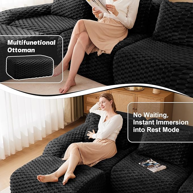 146" L-Shaped Compressed Sectional Cloud Sofa, Flannel Upholstered Modular Deep Seat Sofa with 5 Pieces, Modern Floor Boneless Foam Modular Cloud Couches for Living Room