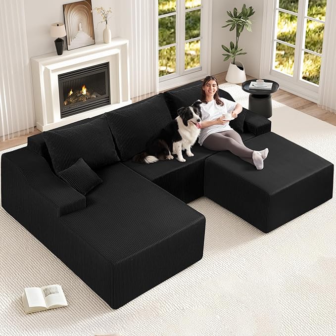 HABUTWAY 94“ U Shaped Modular Sectional Couch for Living Room, Modular Cloud Sofa with Ottoman, No Assembly Boneless Couches with Deep Seat, Corduroy Fabric (Black, Left Facing)