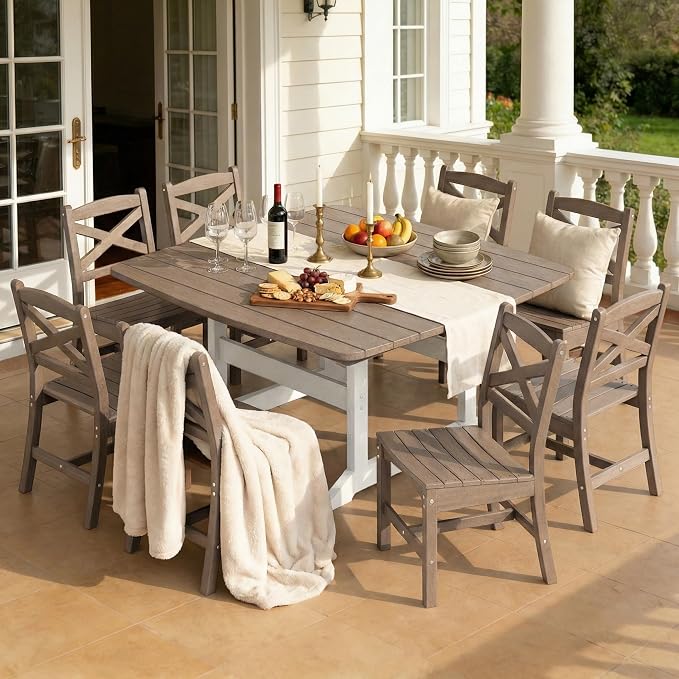 Outdoor Dining Set, HDPE 9-Piece Patio Table and Chairs Set, All-Weather Outdoor Dining Table Set for 8 with Umbrella Hole, Durable Patio Furniture Set with Chairs,White Brown - Image 6