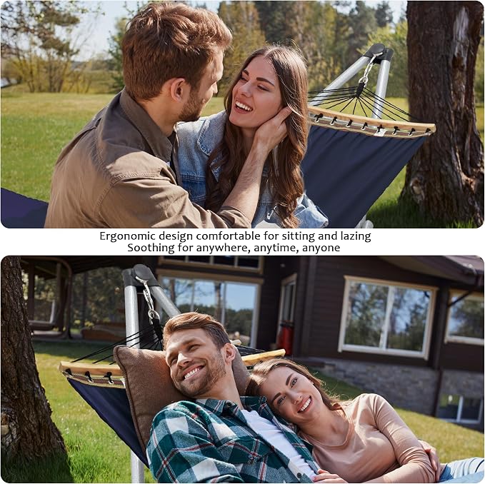 Tranquillo Ultimate Relaxation Portable Hammock Stand, Foldable Hammock Stand with Canvas Hammock, Spreader Bar, Quick Fold Unfold in 30 Seconds Steel Frame Hammock 600 lbs Capacity, White/Navy - Image 3