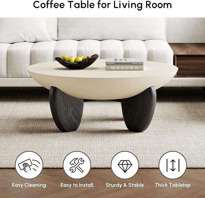 homary Round Concrete Coffee Table with Premium Walnut Ash Wood Legs, Modern Minimalist Cement Finish Center Table for Living Room (Black, 29.9" W x 29.9" D x 14.4" H)
