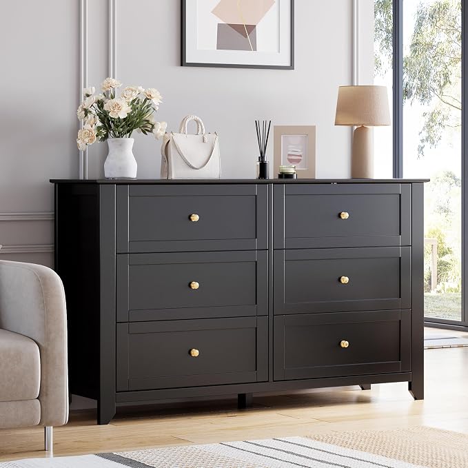 GarveeHome Black 6 Drawer Dresser for Bedroom, Simply Modern Chest of Drawers, Wood Storage Large Dresser with Deep Drawers for Living Room, Hallway Entryway by GarveeHome
