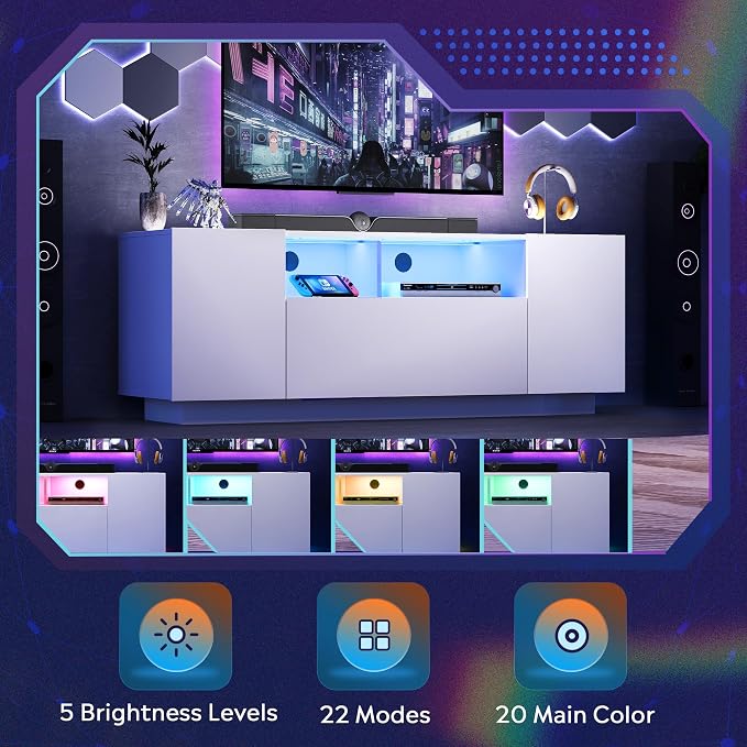 WLIVE TV Stand with LED Lights & Large Storage Cabinet, Modern Entertainment Center for 32/43/50/55 Inch TVs, Sturdy Media Console for Living Room, Bedroom, Gaming, White - Image 4