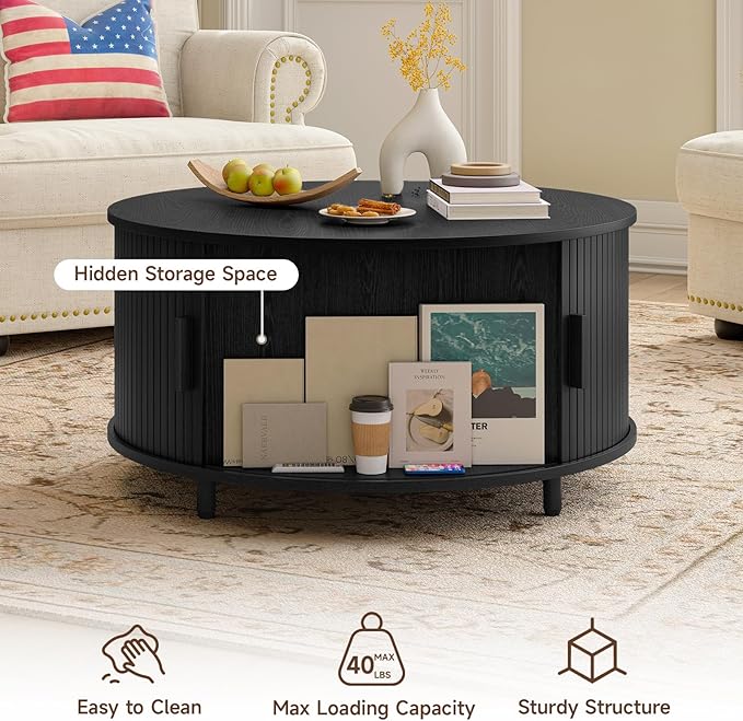 31.5 Inch Round Coffee Table, Mid-Century Modern Coffee Table wtih Storage, Fluted Coffee Table with Adjustable Footpads, 360° Rotating Sliding Door, Center Table for Living Room (Black)