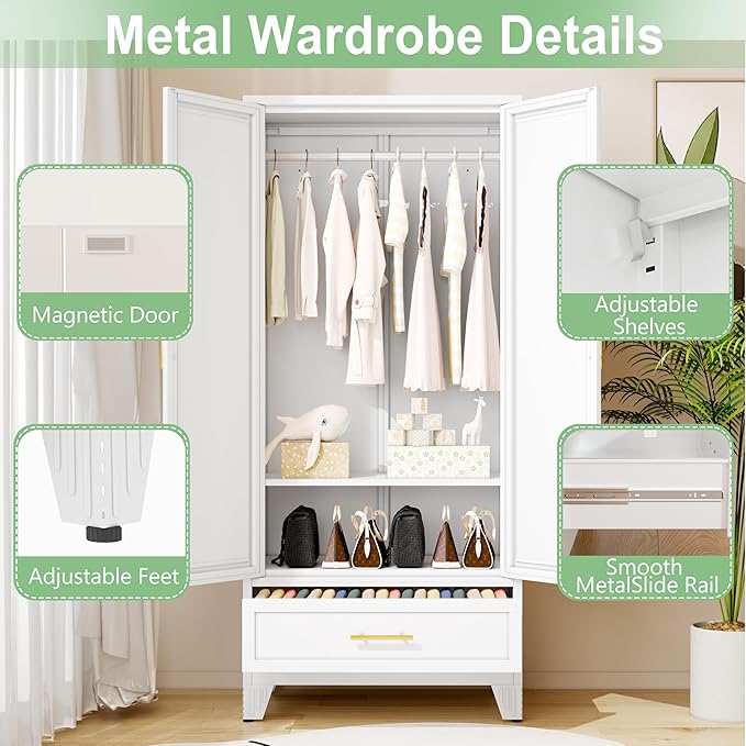 Ckzbx 71" H Metal Armoire Wardrobe Closet with Mirror, Adjustable Shelve, Clothes Metal Wardrobe Cabinet for Bedroom (1 Drawer, White)