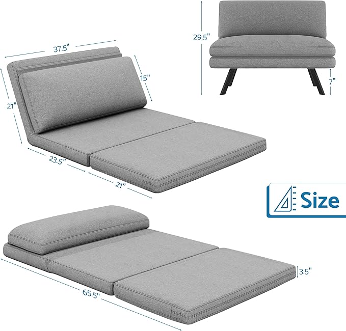 LIFERECORD Convertible Futon Sofa Bed 4 in 1 Multi-Function Modern Mini Single Floor Sleeper Chair with Adjustable Backrest for Living, Small Room Apartment, Dorm, Grey