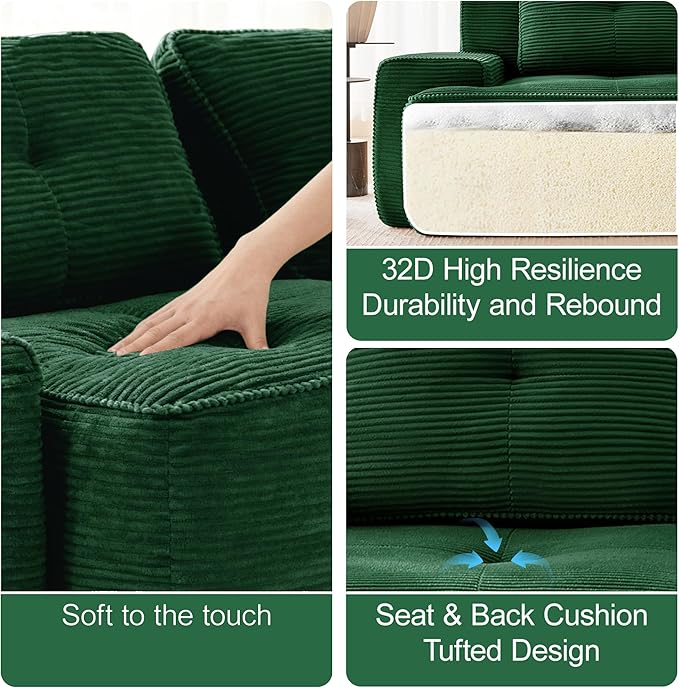 Casaphoria 150'' Green Boneless Sectional Sofa, Corduroy 4-Seater Cloud Couch with 4 Pillows & 2 Ottomans for Living Room, U-Shaped Deep Seat Modular Sofa for Apartment, No Assembly