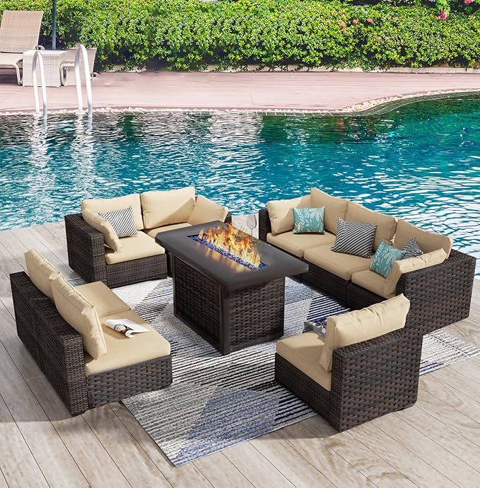 Grezone 9 Piece Patio Furniture Set with 44" Fire Pit Table, Outdoor Sectional Couch, PE Rattan Patio Conversation Sets with 4inch Cushions for Backyard Beige