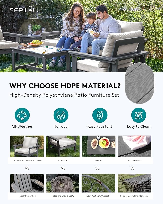 SERWALL HDPE Patio Furniture Set with 15FT Patio Umbrella, 7-piece Outdoor Sectional Sofa Set, All Weather Patio Couch Set for Deck, Gray & Beige(Umbreall Base not Included)