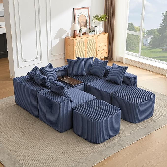 Oversized Cloud Modular Sectional Sofa Boneless Couch with Movable Ottomans,Free Combination Memory Foam Floor Couch with Charging Port & Cup Holders for Living Room | Coffee Table Board, Wireless Charge, No Assembly