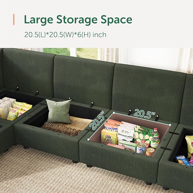 HONBAY Modular Sectional Sofa Couch with Storage, Modern U Shaped Sectional Sofa, Convertible Couches for Living Room - Green