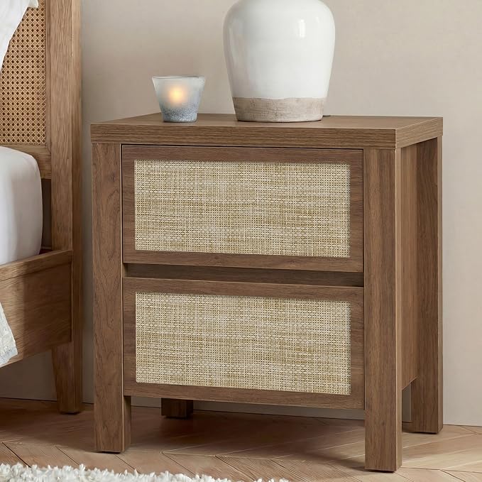 Yechen Rattan Night Stand, Nightstand with Type-C Charging Station, Boho End Tables, Bed Side Tables, 23.6" D x 15.8" W x 23.6" H, 2 Drawers Nightstands for Small Space, Walnut - Image 6