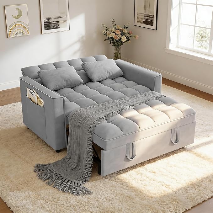3 in 1 Convertible Sleeper Sofa Bed, Pull Out Couch Loveseat Futon, Adjustable Backrest Velvet Sofa with Pillows and Side Pockets for Living Room Apartment, Light Grey