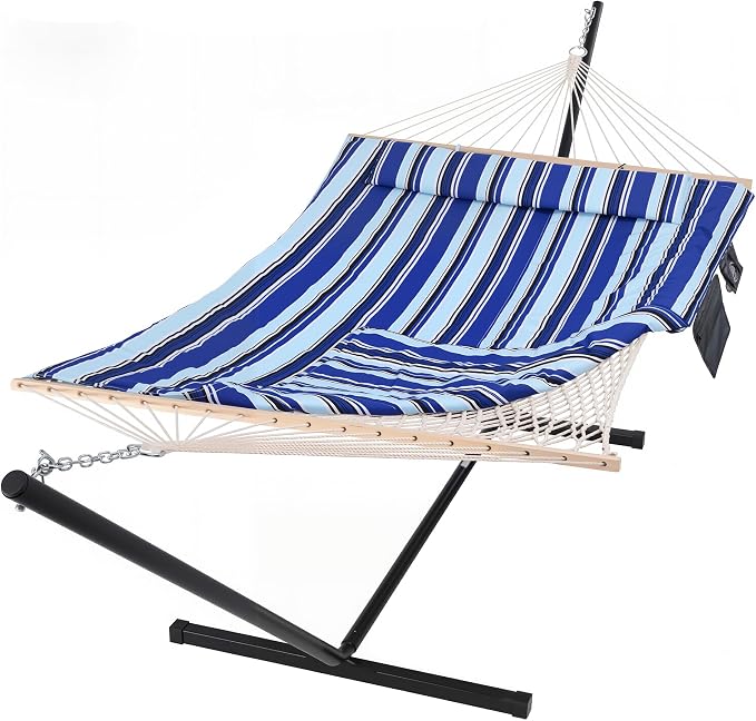 SUNCREAT Double Hammock with Stand, Two Person Cotton Rope Hammock, Blue Stripe by SUNCREAT