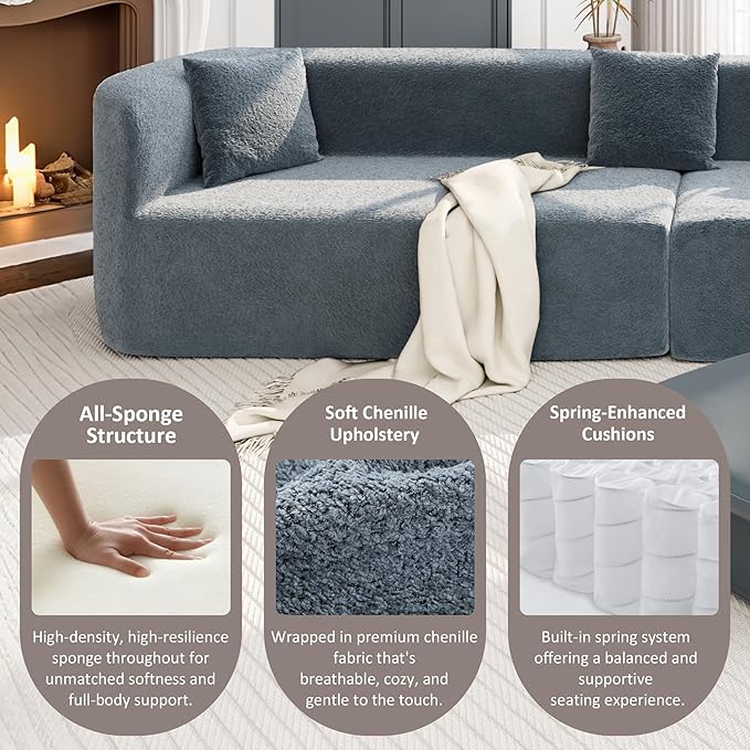 Merax Modern Minimalist Large 2-Piece Sectional Curved Chenille Sofa with 3 Pillows and High-Density Foam for Luxurious Comfort and Seamless, for Living Room, Bedroom, Blue