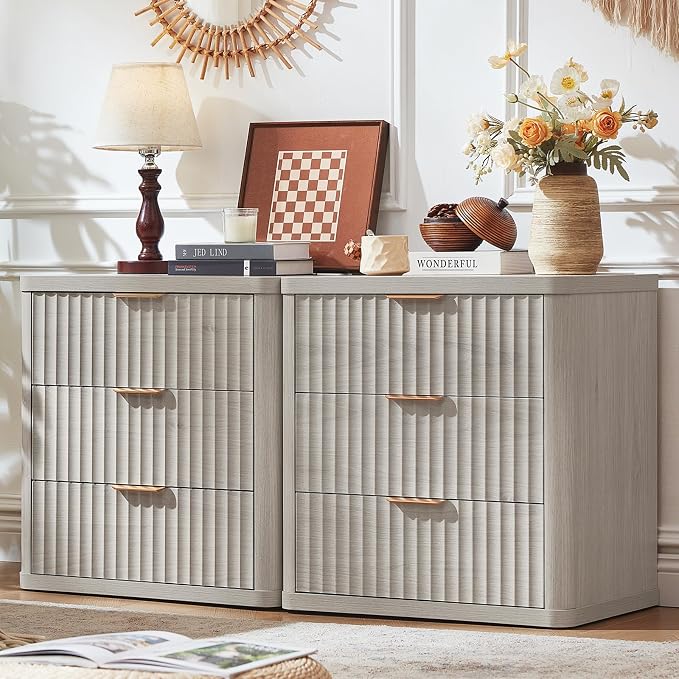 LEYAOYAO Fluted Farmhouse Nightstand Set of 2 with Charging Station, 23" Wide 3 Drawers Night Stand,LightGrey Dresser for Bedroom,Bed Side Table Chest of Drawers,Wood End Table for Living Room by LEYAOYAO-Findtheshiningpointofyourideallife%EF%BC%81