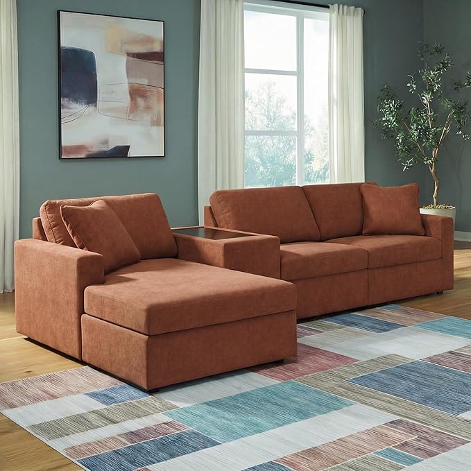 Signature Design by Ashley Contemporary Modmax Stain Resistant L-Shape Left-Arm Facing 4-Piece Sectional with Chaise and Storage Console, Orange