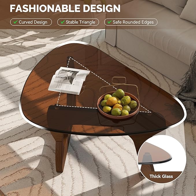 Modern Glass Coffee Table, Triangle Center Table with Tempered Glass Top& Unique Wooden Base, 35.5” Mid Century Tea Tables for Living Room, Apartment, Office,Walnut & Brown