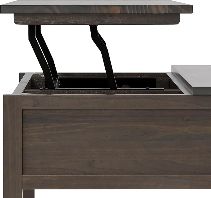 SIMPLIHOME Ela SOLID WOOD 48 Inch Wide Rectangle Transitional Lift Top Coffee Table in Smoky Brown, For the Living Room and Family Room