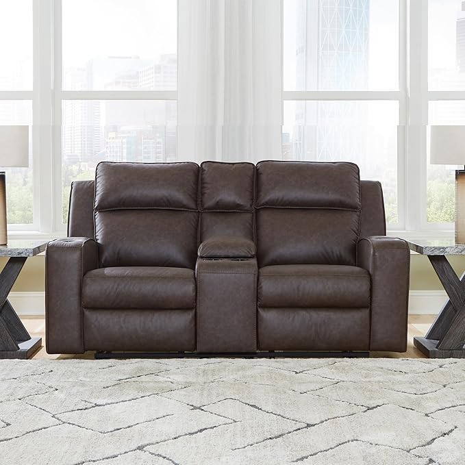 Signature Design by Ashley Lavenhorne Modern Faux Leather Manual Reclining Loveseat with Console and Cup Holders, Dark Brown