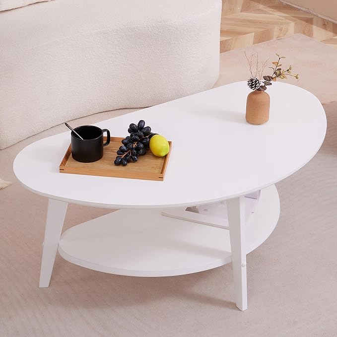 Mid Century Modern Coffee Table, Oval Coffee Tables with Storage for Living Room, 2 Tier Solid Wood Center Table, White Coffe Tables, Easy Assembly, 40.2" D x 22" W x 17.7" H