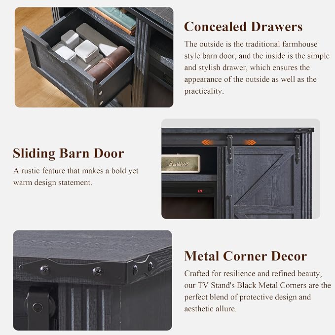 JXQTLINGMU Farmhouse TV Stand for 75+ Inch TV, 32" Tall Entertainment Center w/4 Drawers & Sliding Barn Door, Rustic Media Console w/Storage Shelves, 66" Wood Television Stand for Living Room, Black - Image 6