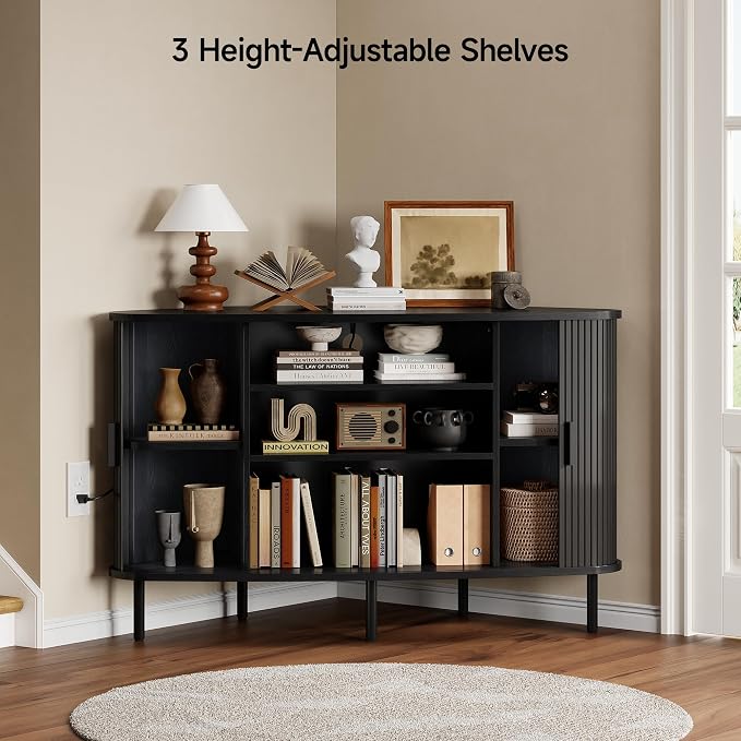 ONBRILL 47" Corner TV Stand, Fluted TV Cabinet with Sliding Doors Fits up to 55 Inch TVs, Modern Corner Entertainment Center with Power Outlet, Wood Media Console Table with Storage, Black - Image 4