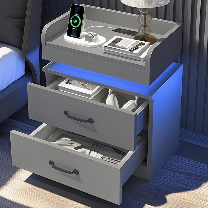 4ever2buy Grey Nightstand Set of 2 with Charging Station and LED Lights Modern Bedside Tables with 2 Drawers for Bedroom - Image 3