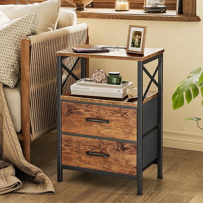 Huuger Nightstands Set of 2, Night Stand with Charger Station, 2 Drawer Side Table with Open Shelf, USB-C Port, End Table for Small Spaces, X Shaped Side Rail, Rustic Brown - Image 6