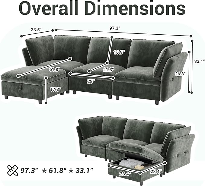 97" Modular L-Shaped Sectional Cloud Couch with Storage Ottoman - Velvet Deep Seating Sofa Set with Pillows, Convertible 3-Seater for Living Room, Apartment, Office (Olive Green)