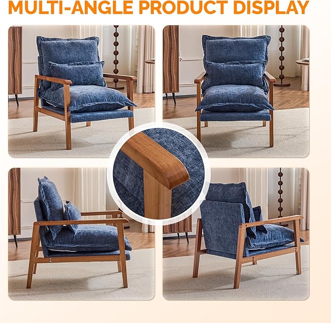 VINGLI Mid-Century Modern Cloud Accent Armchair with Lumbar Pillow, 6.3'' Thick Seat Cushion Comfy Reading Chair with Wooden Armrests，Boho Lounge Chair for Bedroom, Living Room, Chenille, Gray-Blue