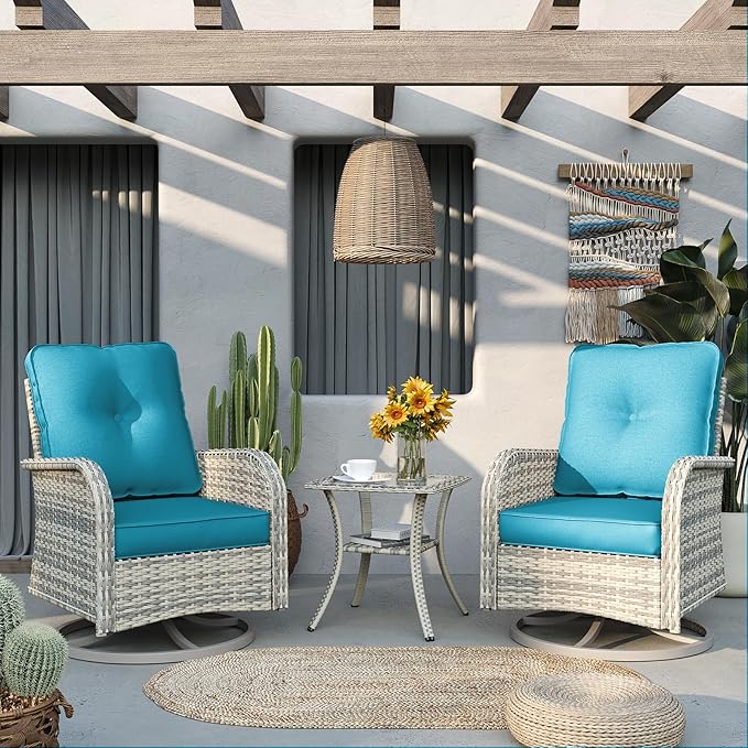 Outdoor Patio Furniture Set Rocking Swivel Chair Wicker Rattan Bistro Set with Tempered Glass Side Table, Outdoor Conversation Set for Garden, Deck, and Balcony, Turquoise