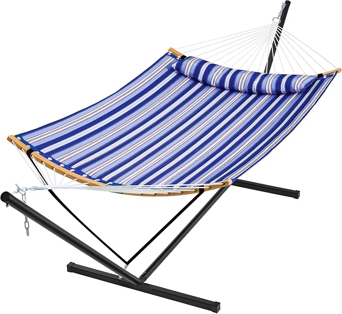 SUPERJARE Hammock with Stand, 2 Person Heavy Duty Hammock with Padded Cotton, Detachable Pillow & Strong Curved-Bar & Portable Carrying Bag, Perfect for Outdoor & Indoor, Navy Blue Stripe by SUPERJARE