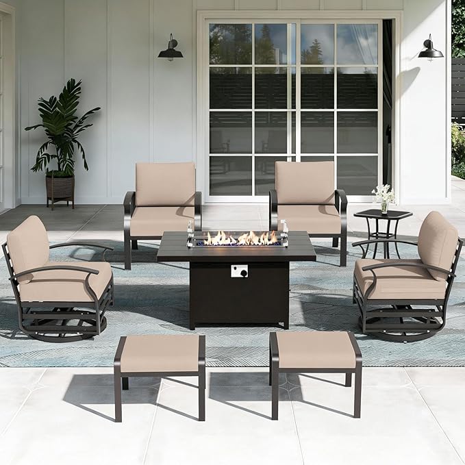 ALAULM Aluminum Patio Furniture Set with Propane Fire Pit Table 6-seat Metal Outdoor Furniture w/Swivel Chairs Patio Sectional Sofas w/5.1" Cushions for Patio, Backyard, Poolside-Sand