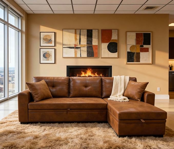 76.5" Sectional Sleeper Sofa with Pull Out Bed, L Shaped 3 Seat Sectional Couches for Living Room,Pull Out Couch Convertible Sofa Bed with Reversible Storage Chaise & 2 Pillows,Brown