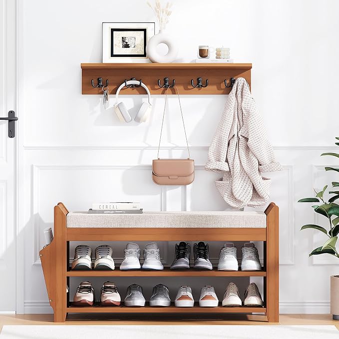 PETKABOO 31.5" Shoe Bench with Coat Rack Hidden Drawer and Side Holder, 2 Tier Entryway Bench with Storage 39.4 in, Bamboo Shoe Rack with Cushion for Entryway Hallway Living Room Bedroom - Image 7