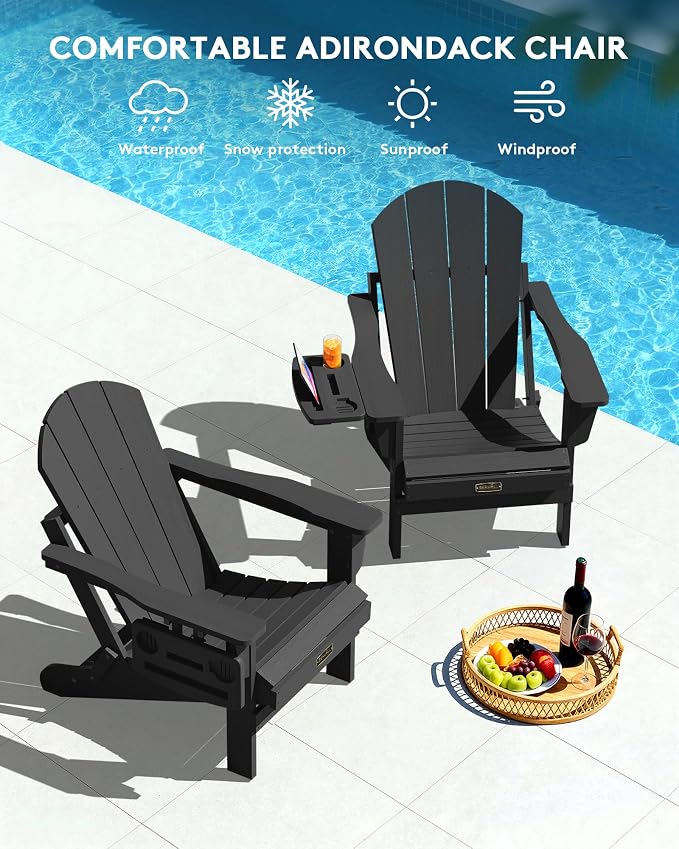 SERWALL Folding Adirondack Chair, Patio Adirondack Chairs with 4 in 1 Cup Holder Trays, All Weather Fire Pit Chair for Outdoor, Garden - Black - Image 9