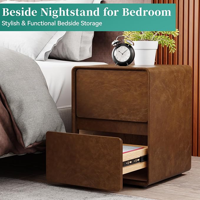 15.8" W Faux Leather Narrow Nightstand, Modern Fully-Assembled Bedside Table with 2 Drawers, Wood Night Stand Small Accent End Table & Side Table for Bedroom, Brown - Image 5