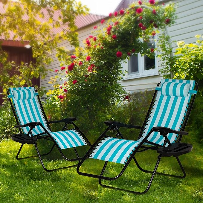 Nazhura Set of 2 Relaxing Recliners Patio Chairs Adjustable Steel Mesh Zero Gravity Lounge Chair Beach Chairs with Pillow and Cup Holder (Light Blue Stripe) - Image 2