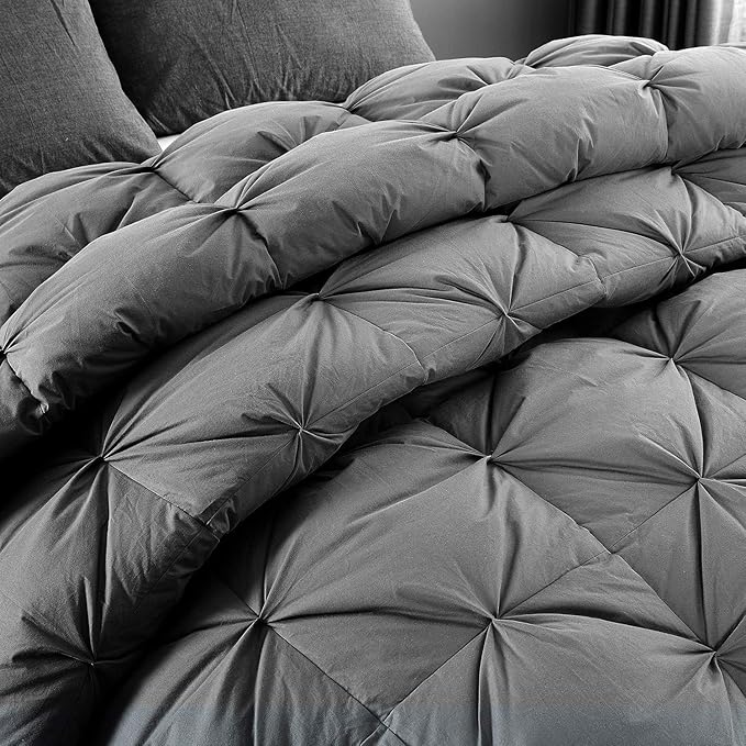 HOMBYS 116x108 Oversized King Feather and Down Comforter, Pinch Pleat Palatial King Duvet Insert with 100% Cotton Cover, Grey Fluffy Thick Comforter with Corner Tabs for All Season Warmth