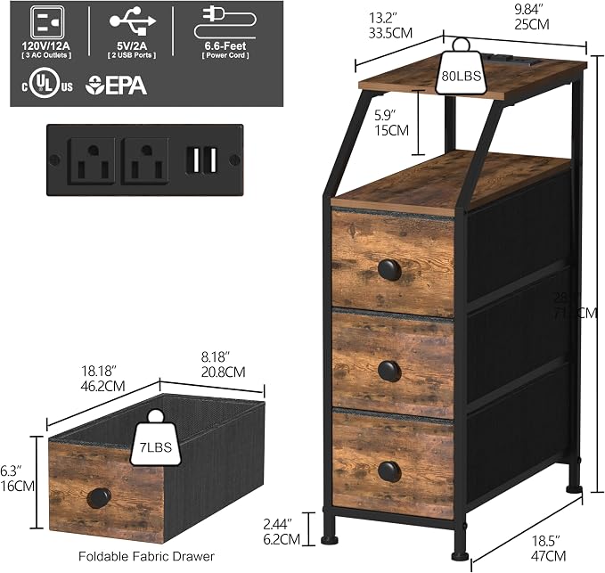 Tohomeor Narrow Dresser Tall Skinny Storage Tower Vertical Slim Chest of Drawers with Charging Station Small Nightstand Side Table for Bedroom, Bathroom, Small Spaces (Rustic Brown, 3 Drawers) - Image 3