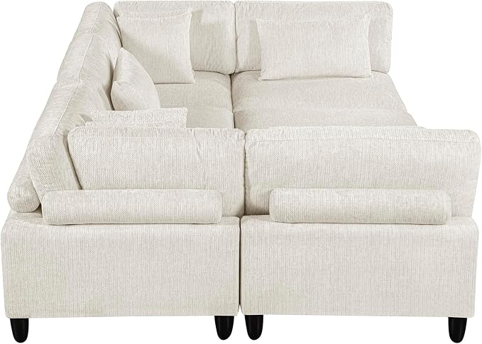 Lexicon 120 Inch Modular Sectional Sofa - Oversized 6 Seater Microfiber L Shaped Sectional Couch with Ottoman, 7 Accent Pillows, and Flexible Arrangement for Modern Living Rooms, Beige